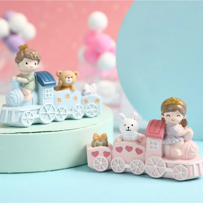 

Resin Pink/Blue Christmas Train Figurine Merry Christmas Decoration for Home New Year Navidad Baby Shower Baking Cake Decoration