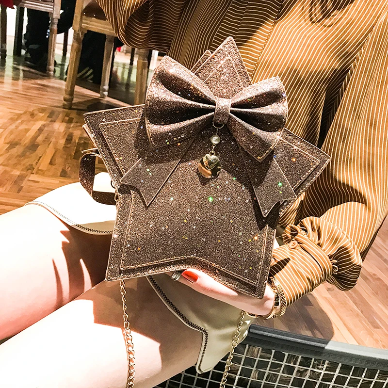 Bolso de hombro de lentejuelas con forma de estrella para mujer, cadena de diseñador, de lujo, de cuero Pu, cruzado, bonito bolso con brillos