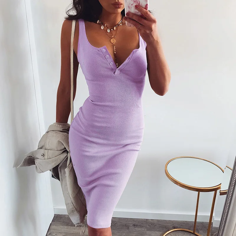 

2021 Summer Women's New European And American Knitted Skirt V-neck Sexy Tight-fitting Party Slim Suspender Dress