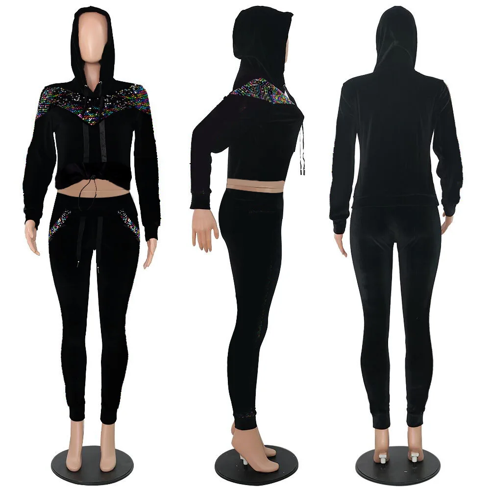 Зимний женский комплект с длинным рукавом спортивный костюм блестками толстовка