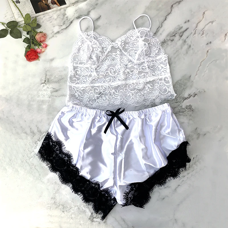 Two Piece Women 2020 Lace Pajama Set Sleeveless Crop Tops Elastic Bowknot Shorts Ladies 2pcs Sleepwear Home Clothes Nightie | Женская