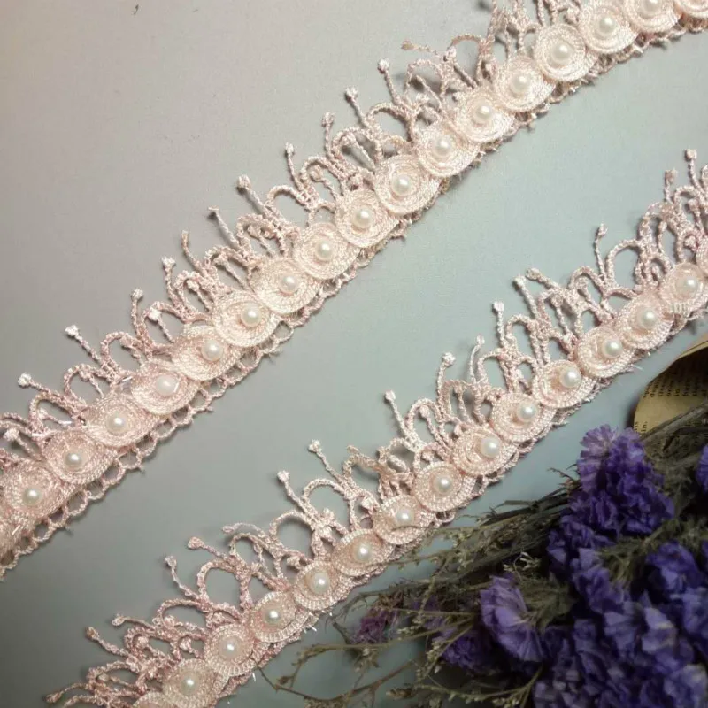 1 ярд Светло-розовый жемчуг кисточкой Цветы сливы Жемчуг Кружева отделка ленты