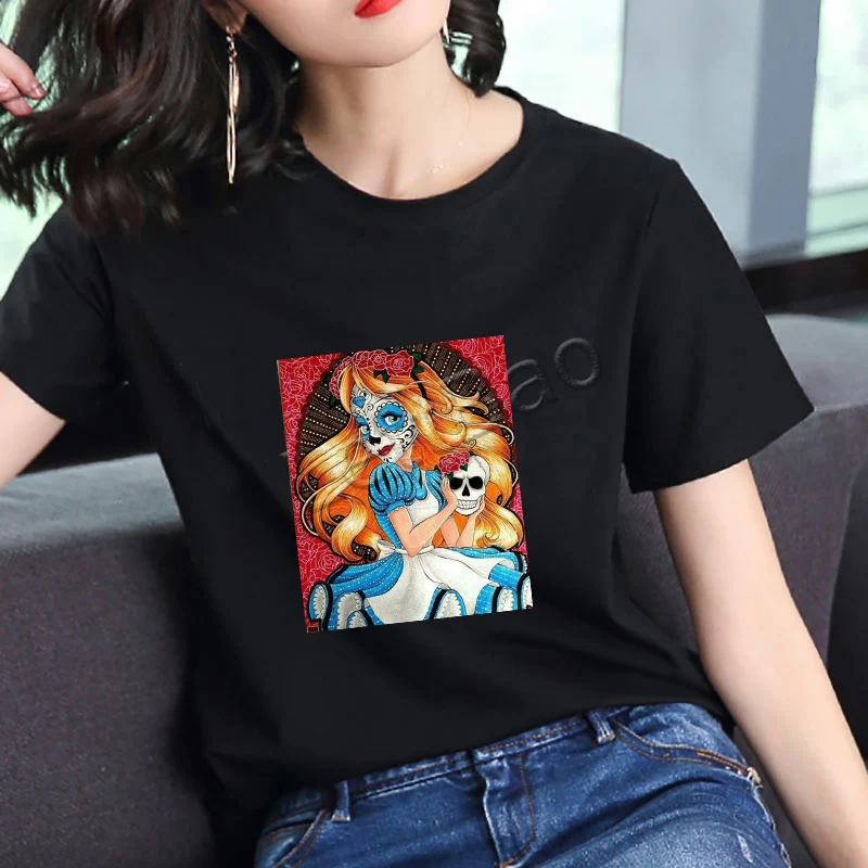 Белоснежка рубашка уличная цветок череп Леди Черная футболка хлопок o образным
