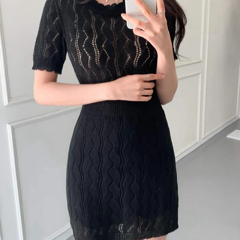 

Korean Fashion Sweater Dress Women Hollow out Knitted Sweaters Dresses Elegant Women High Waist Sweater Dress Vestidos De Fiesta