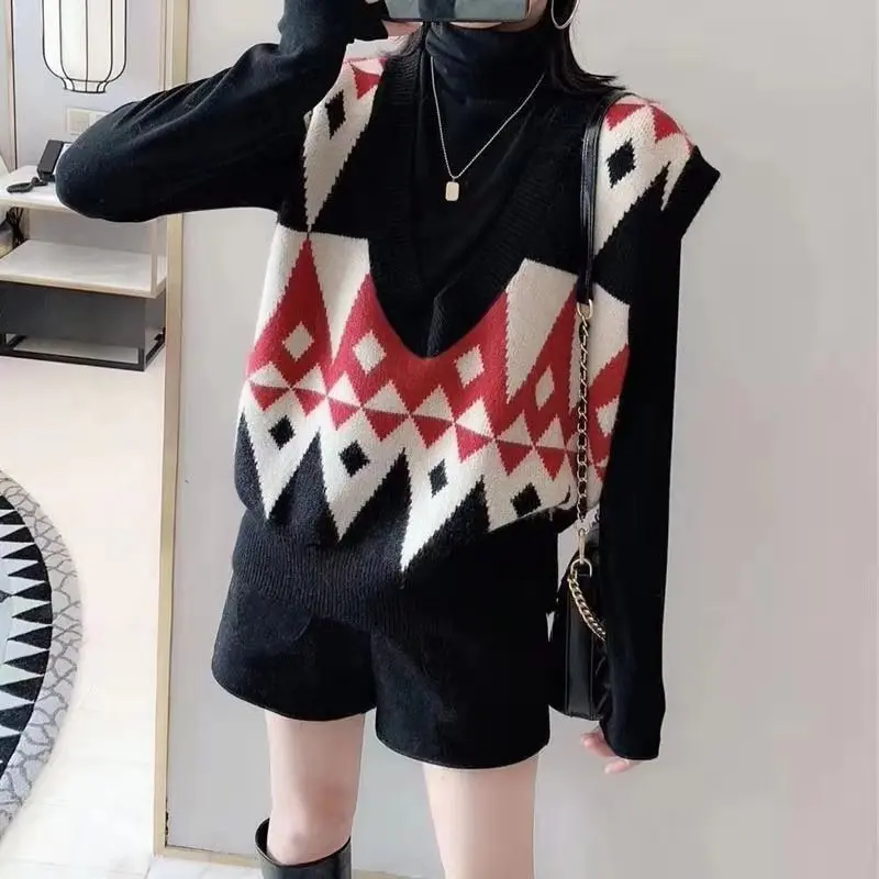 

V Neck Knitted Sweater Vest Women Sleeveless Oversized Pullover Houndstooth Vintage Fall Waistcoat Sweaters Female