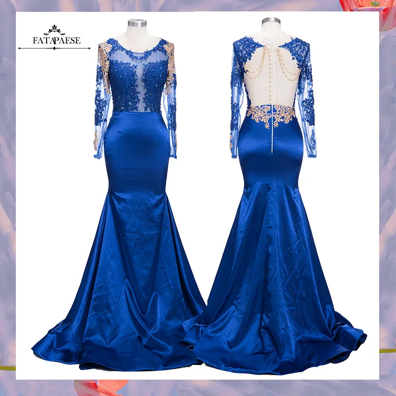 

FATAPAESE BackLess Gold Lace Applique Mermaid Prom DressesSweetheart Sexy Formal Blue Evening Gowns O Neck vestido de festa