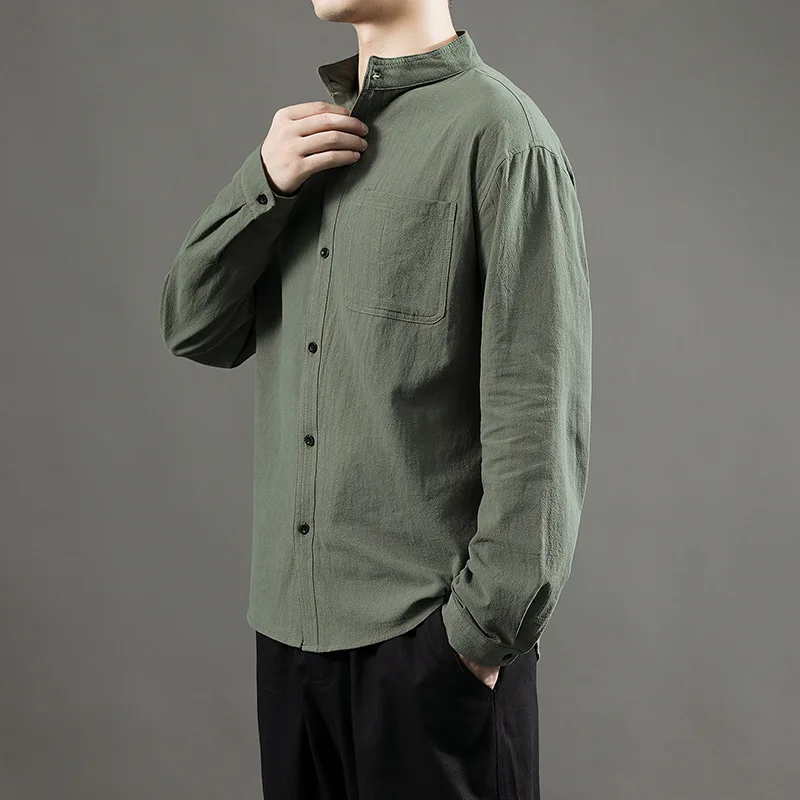 

Latest Design Plus Size 5XL Men Casual Solid Color Plain Mandarin Collar Pocket Linen Long Sleeve Shirt