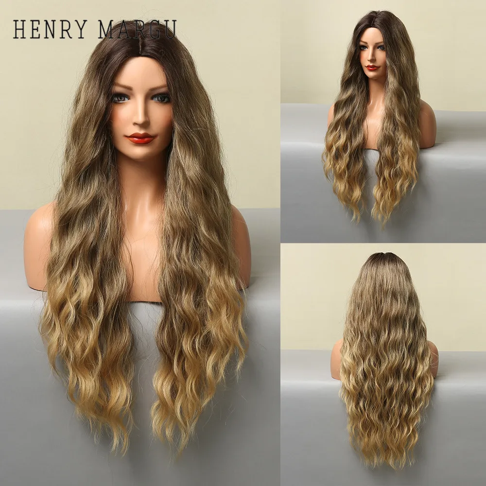 

HENRY MARGU Ombre Brown Blonde Synthetic Wigs for Black Women Long Water Wave Cosplay Wig Cosplay Party High Temperature Fiber