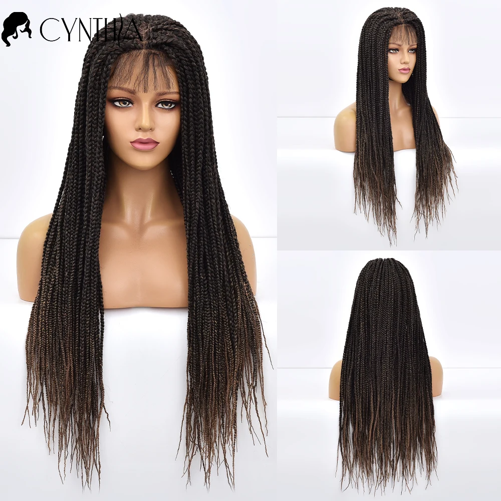 

Braided Lace Front Wig 4x4 Closure Synthetic Wigs For Black Women Brown Ombre 30 Inch 3s Box Braid Wigs with Baby Hair Natural