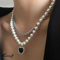 lmmcjj vintage double pearl black heart pendant necklace hip hop thick chain clavicle chain for women fashion jewelry ins y2k