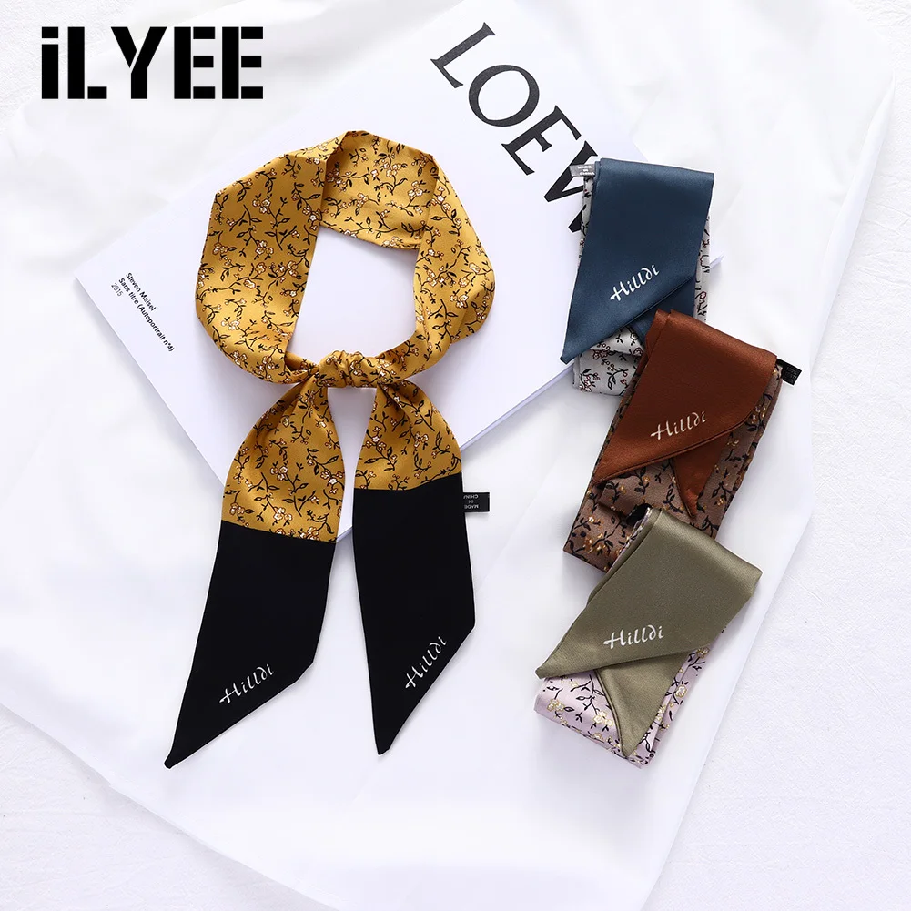 

ILYEE 2021 New Designer Flower Print Hair Ties Hair Scrunchies Silk Satin Scarf Headband Women Long Skinny Purse Bag Scarves