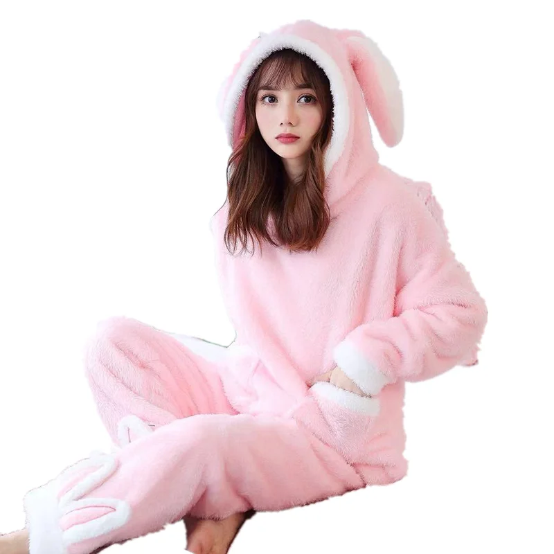

Coral Fleece Pajamas Set Cute Women Hooded Nightgown Autumn and Winter Plus Velvet Thick Female Long Sleeves Warm Sleepwear