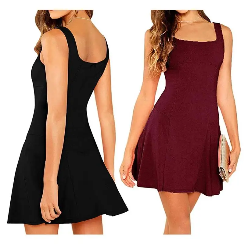 

Women Slim Square Neck A-Line Dress Pure Color Sleeveless Sling Mini Dress Short Swing Suspender Dress Summer Dresses For Women