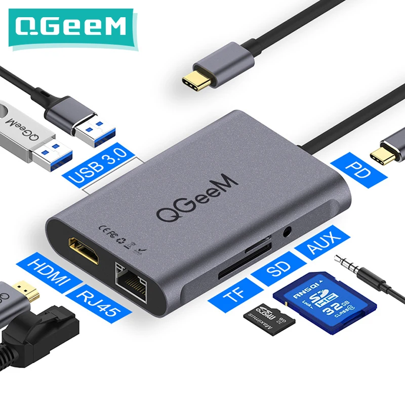 QGeeM 8 в 1 USB C Hub для Macbook Pro 3 0 адаптер PD HDMI RJ45 TF SD 5 мм Aux Type iPad Splitter Dock | Компьютеры и офис
