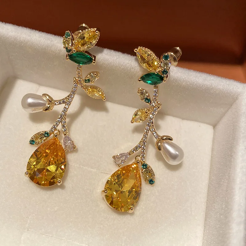 Yellow Crystal Dangle Jewelry Luxury Earrings for Women 2022 Trendy Pearl Water Drop Earrings pendientes Серьги