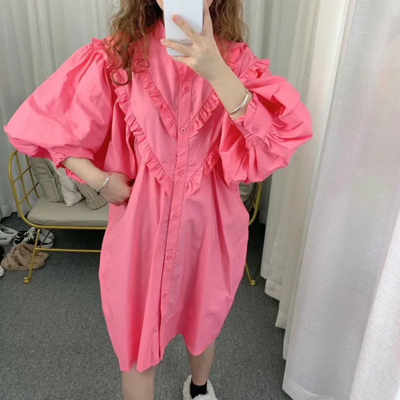 Женское платье рубашка с рукавами фонариками [EWQ] Розовое свободное оборками в