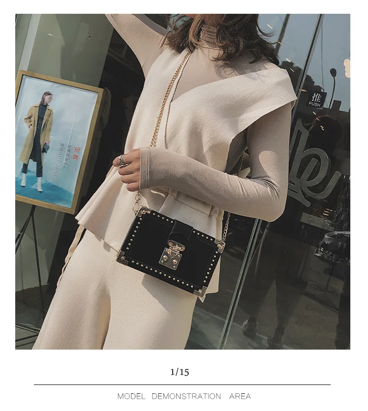 Fashion Vintage Rivet Designer Bag Box Style Buckle PU Women Clutch Bag Chain Purse Shoulder Bag Crossbody Small Flap Handbag