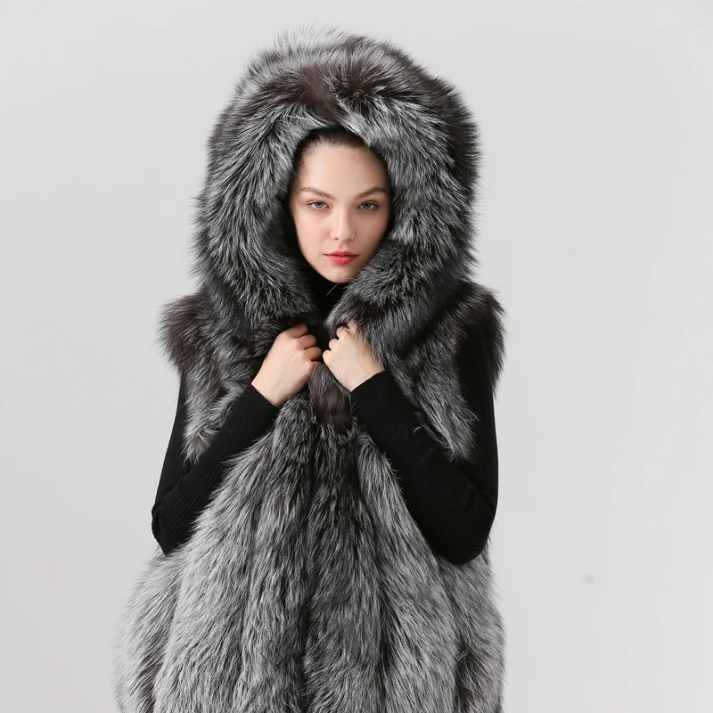 silver QIUCHEN PJ19055 Новое поступление натуральный Лисий мех женский зимний жилет с капюшоном модная модель высокое качество горячая распродажа - Цвет: silver