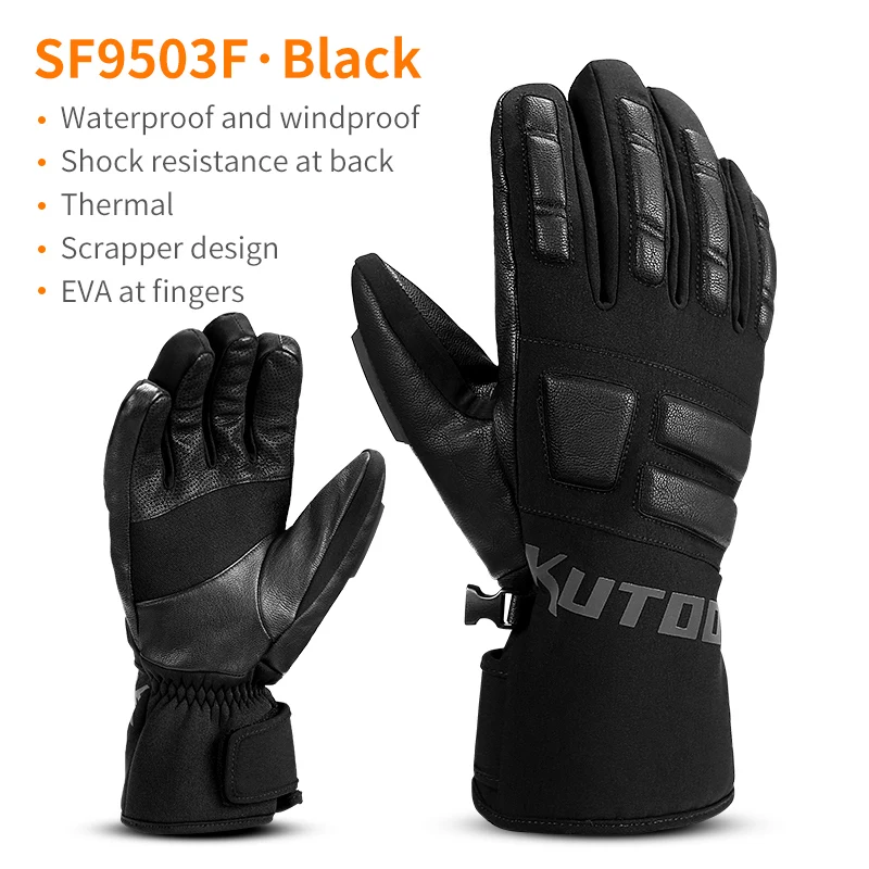 Thermal Black Kutake зимние водонепроницаемые перчатки для катания на лыжах из козьей кожи ветрозащитные для мужчин и женщин теплые перчатки для сноуборда и снегохода - Цвет: Thermal Black