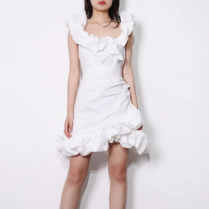 

Donsignet Women Dress 2021 Summer New Lace Stitching Solid Color Square Collar Slim Package Hip Mini Dress Vestido Feminino