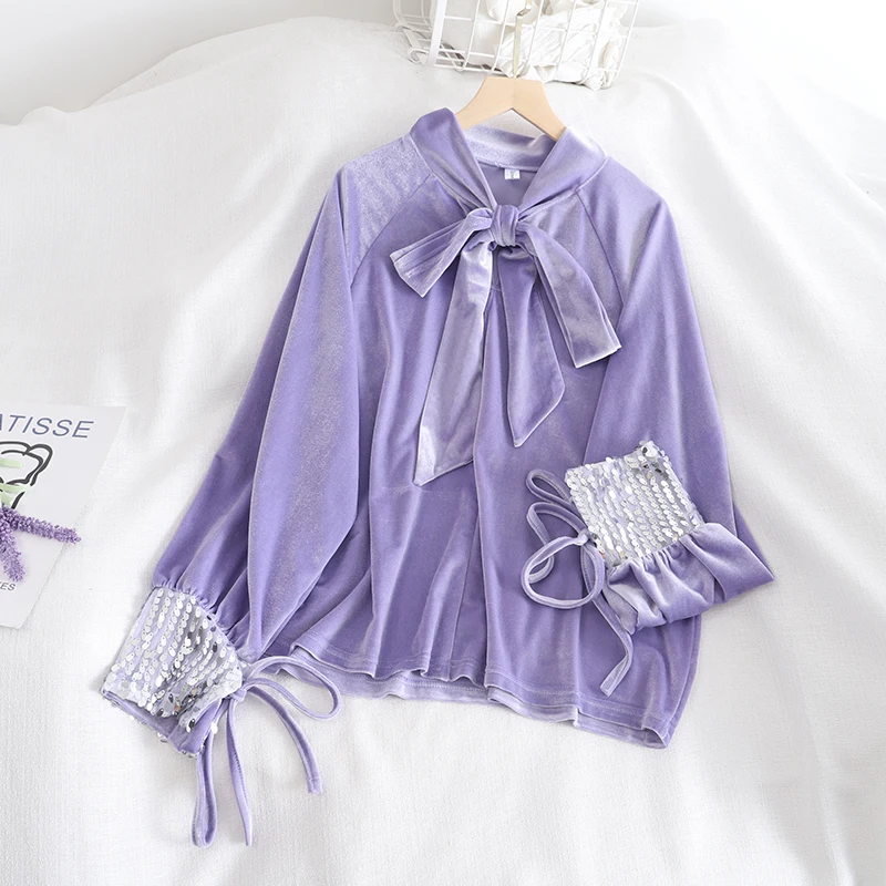 Весенние женские фиолетовые блузки Женская велюровая блузка дамские рубашки с