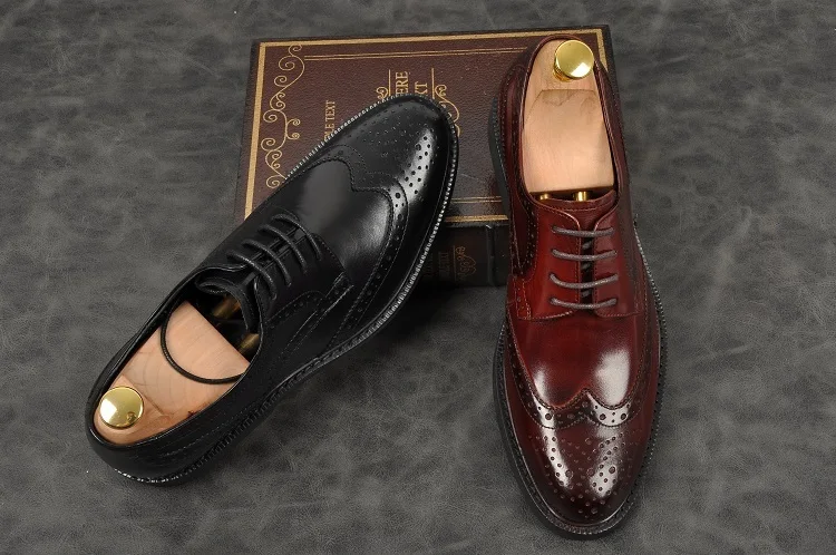 Men Bullock carved Oxford black red wine pointed toe lace up flat formal shoes Genuine leather party wedding | Обувь
