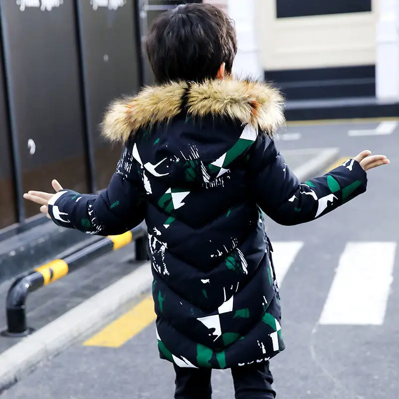 Зимнее пальто для мальчиков Детский пуховик теплое с капюшоном и меховым