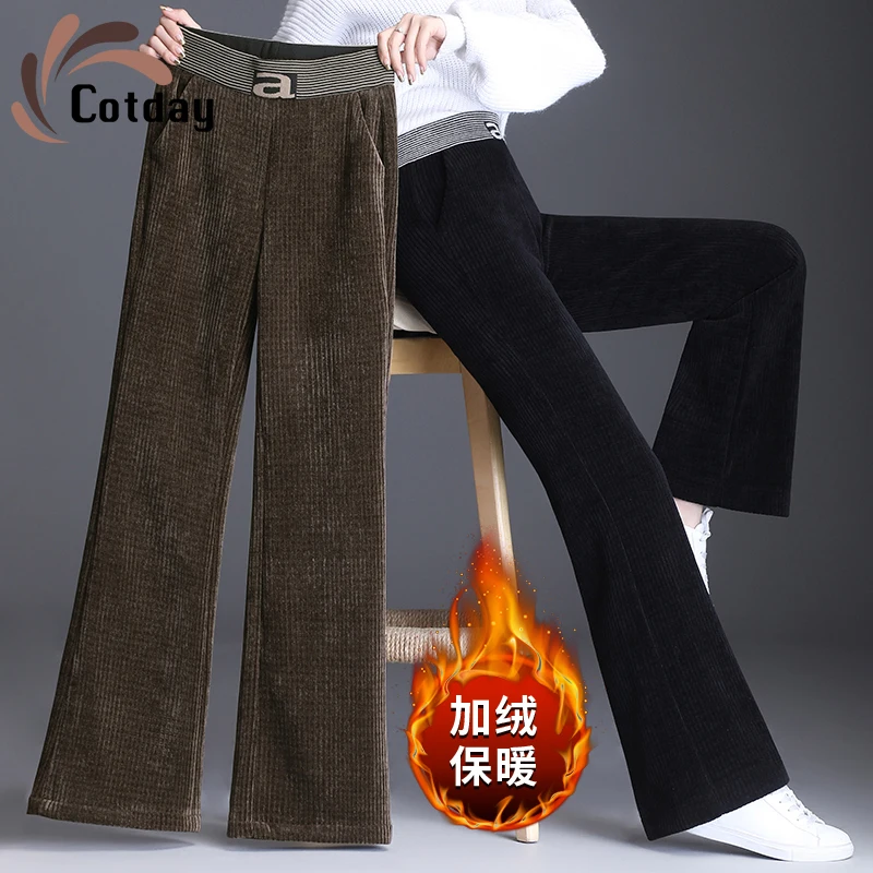 

Cotday 2021 новые женские джинсы с завышенной талией полосатые широкие штаны с эластичной резинкой на талии вниз осень-зима теплый