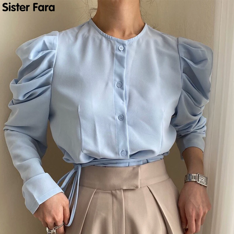 

Sister Fara New Spring 2021 Elegant Lace Up Shirt Women O-Neck Single-Breasted Full Sleeve Shirt Office Lady Puff Sleeve Blouses