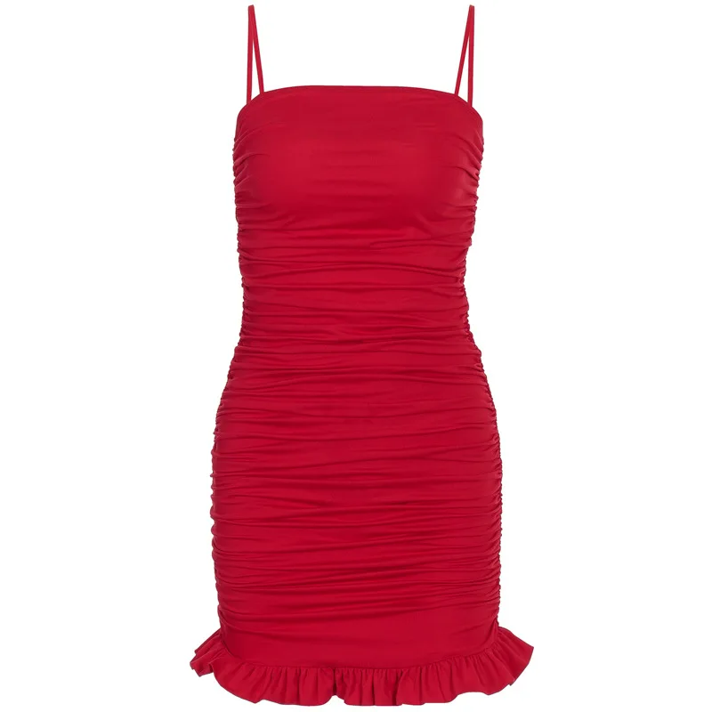 

Women Fashion Summer Sleeveless Dress Ladies Ruched Ruffle Hem Summer Solid Color Slip Dresses Outfits Costume