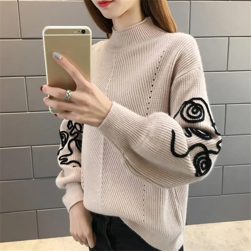 

Sweater Women Korean Pull Femme Hiver Jumper Crochet Puff Sleeve Pullover Sueter Mujer Turtleneck Knitted Sweaters 2020 Autumn