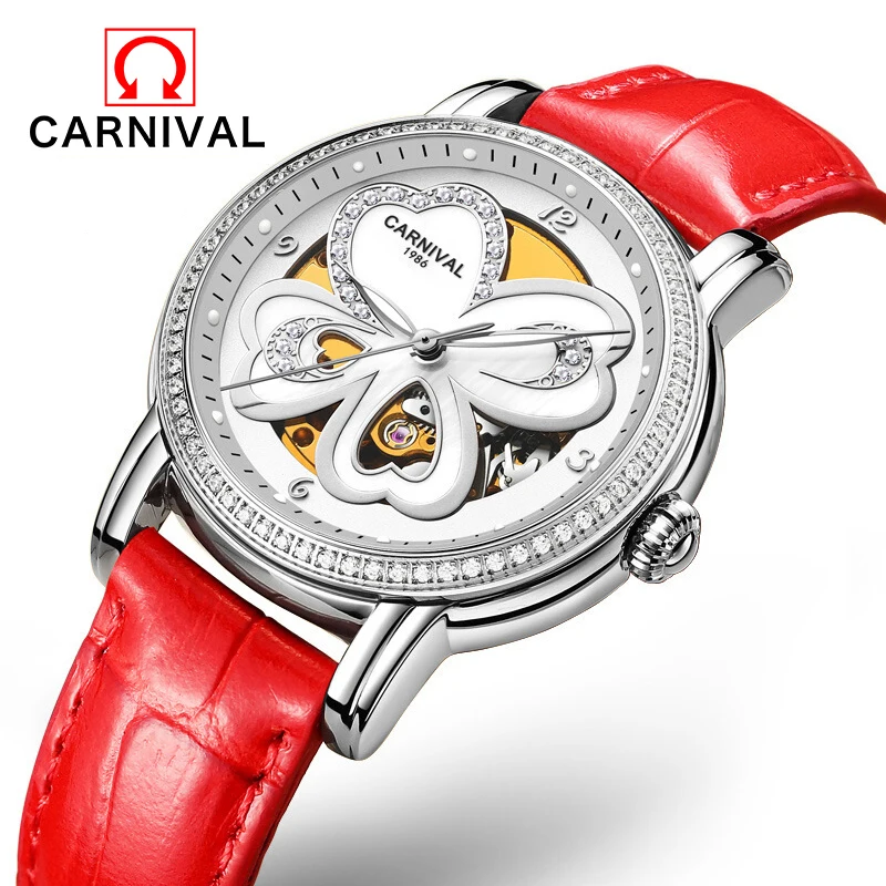 CARNIVAL Fashion Ladies Casual Elegant Temperament Luminous Waterproof Hollow Leather Watch Automatic Mechanical Watches 8032