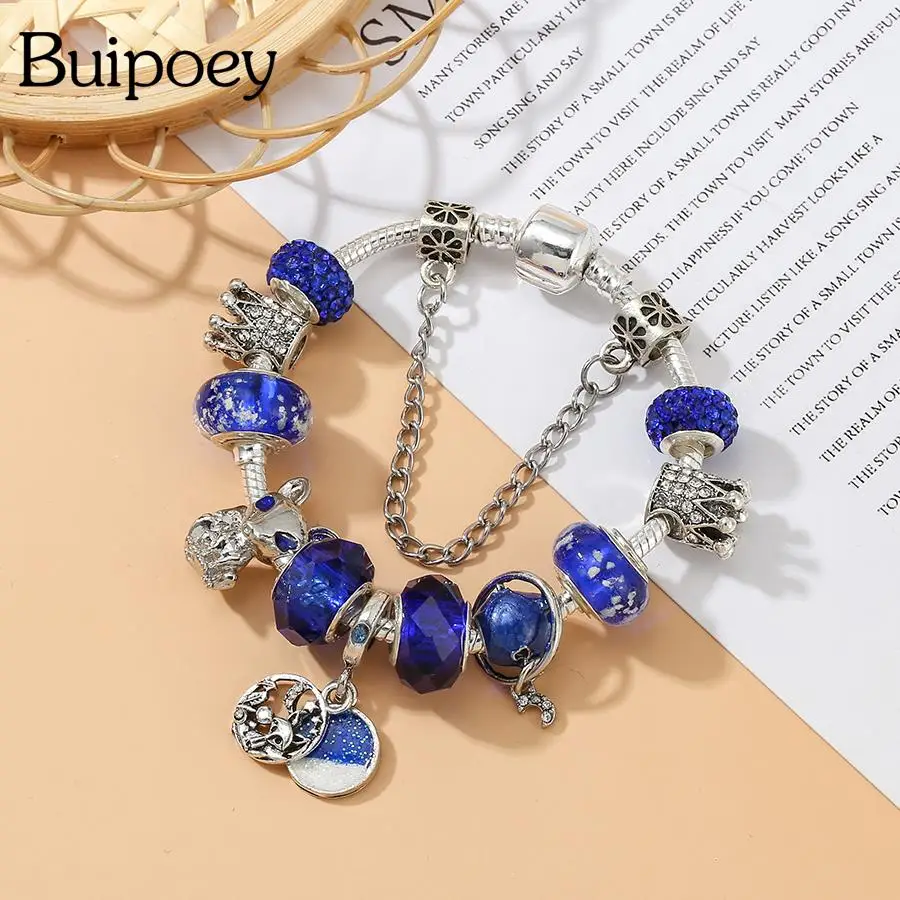 

Buipoey Cartoon Animal Fox & Bunny Pendant Charm Bracelets For Women Shiny Crown Blue Crystal Bead Bracelet Bangle Kids Gifts