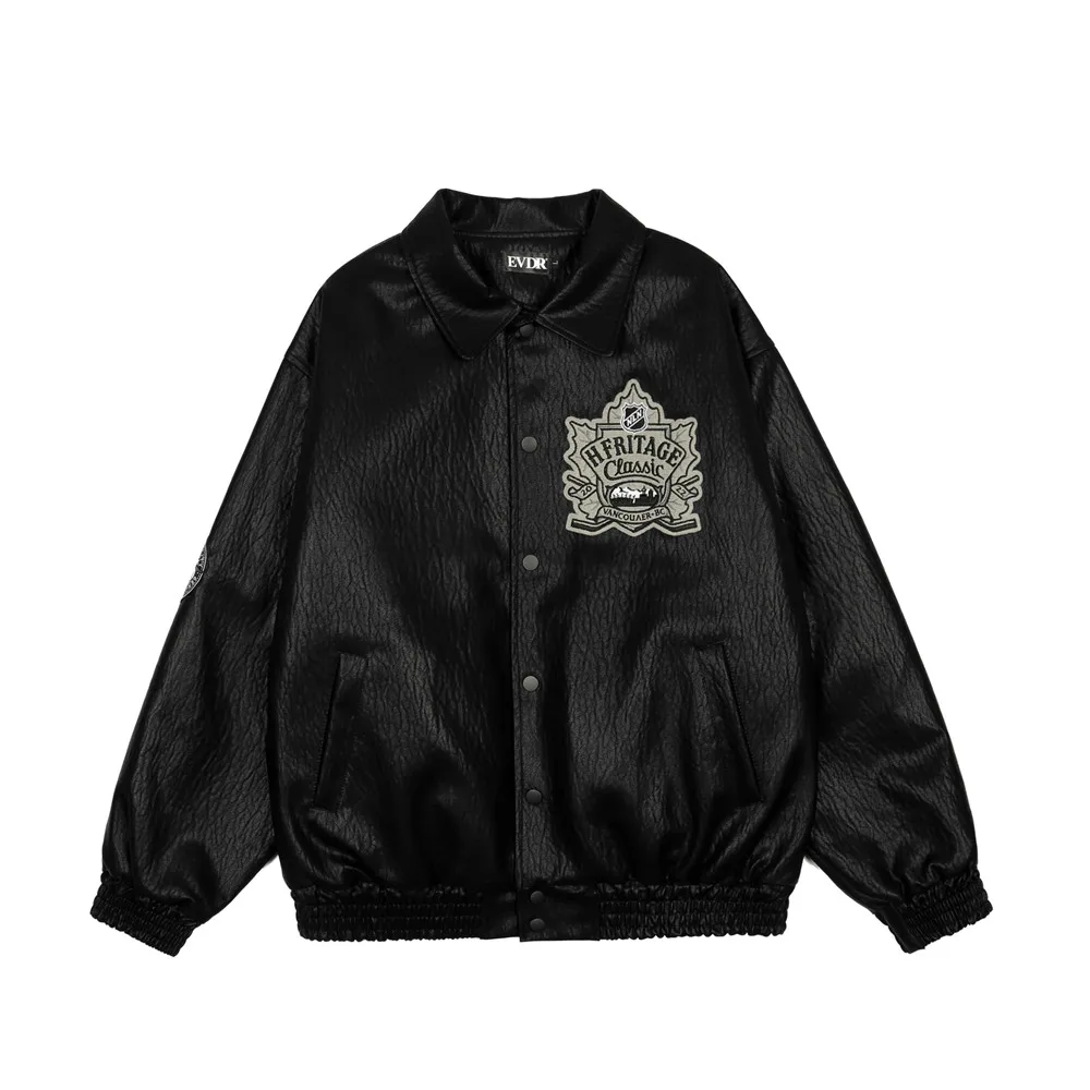 

Embroidery PU Leather Jacket Mens Winter Thick Baseball Jacket Amekaji Casual Loose Lapel Varsity Jacket Outerwear Men