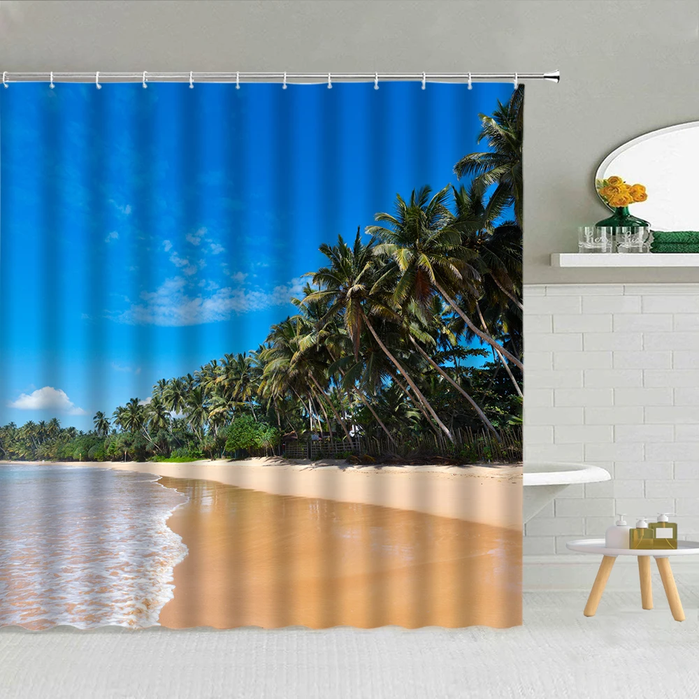 

Seaside Beach Waves Coconut Tree Scenery Shower Curtain Ocean Landscape Bathroom Decor Sea View Waterproof Bath Screen Curtains
