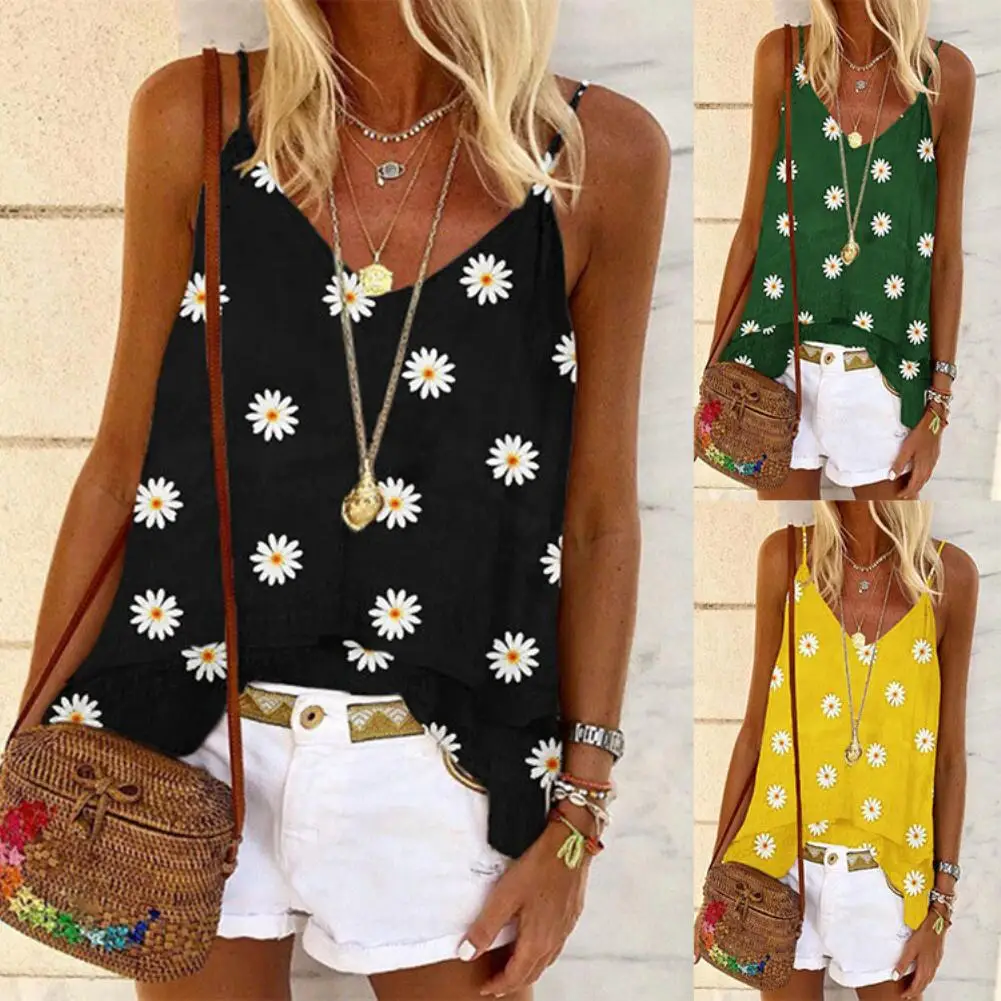

Women Fashion Sunflower Print V Neck Sleeveless Marguerite Print Vest Loose Blouse