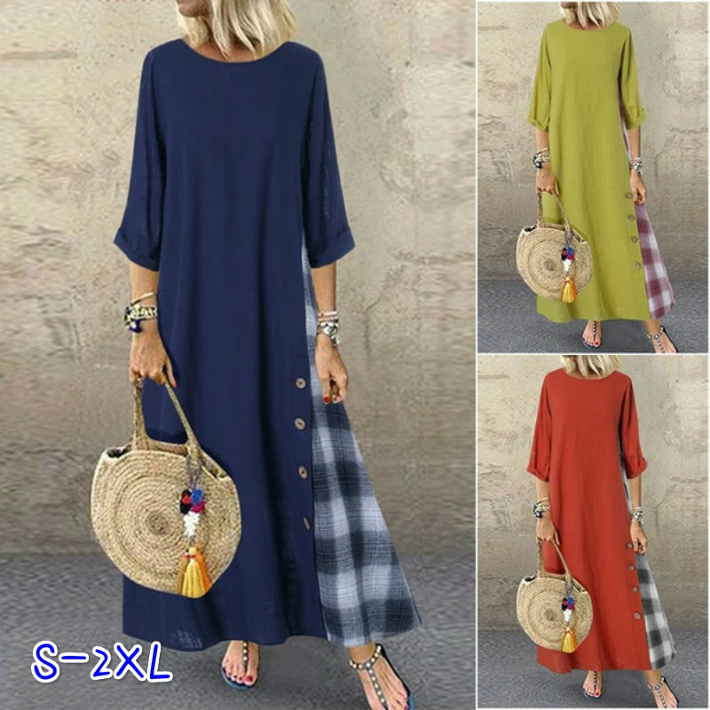 Летнее платье модное женское Ретро хлопковое и льняное прямое с круглым вырезом