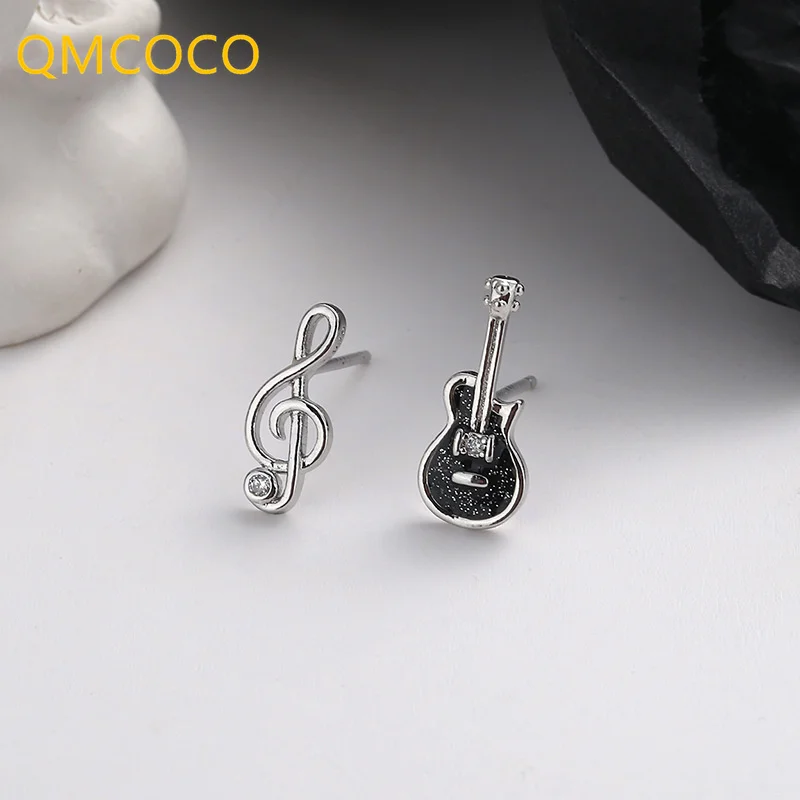 

QMCOCO Silver Color Asymmetry Music Stud Earrings Women Punk HipHop Geometry Guitar Ear Stud For Girl Party Accessories Gift