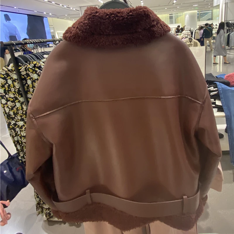 

Autumn Winter Thick Black Faux Leather Jacket Women Fashion Zipper Warm Lambswool Biker Coat Female Casual Loose Outwear