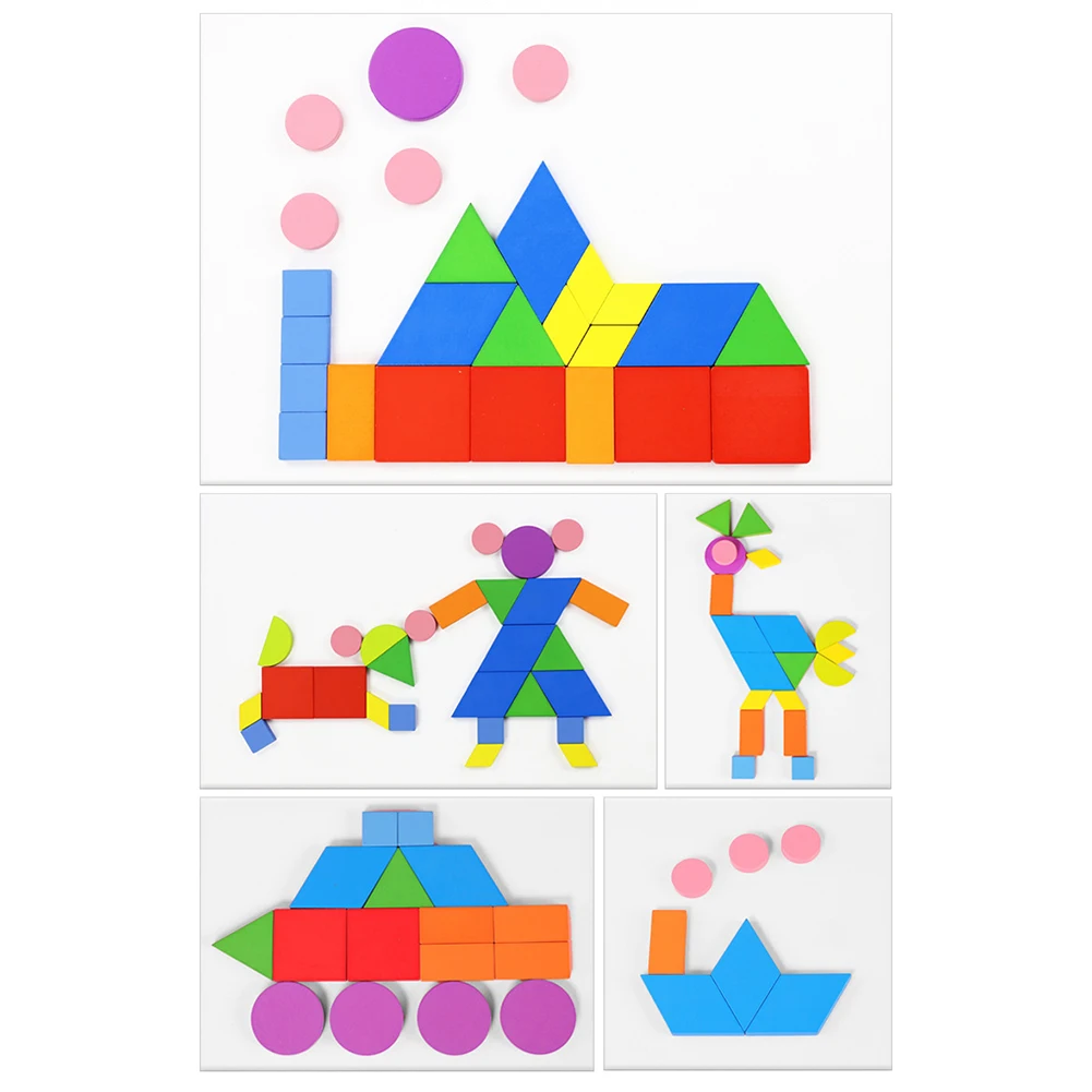 Wooden Animal Tangram Puzzles English Card Shape Recognition Early Education Intelligence Development Toys Puzzles For Baby Gift