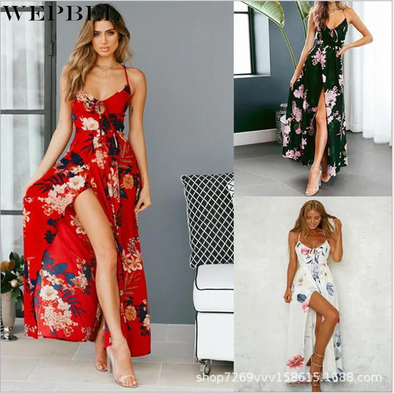 

WEPBEL Chiffon Dress Women's Sexy Printed Slim Fit Slit Dress Summer Casual V-neck Spaghetti Strap Backless Lace-up Dress