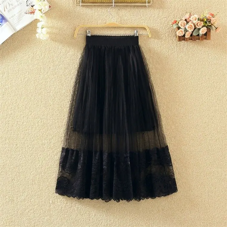 

Spring and Autumn Lace Gauzy Skirt Underskirt Women's Long Mesh Skirt Pleated Skirt Woman Skirts Mujer Faldas Saias Mulher