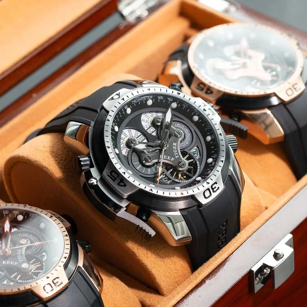 Мужские военные часы Reef Tiger/RT с календарём на год месяце неделю стальным сложным