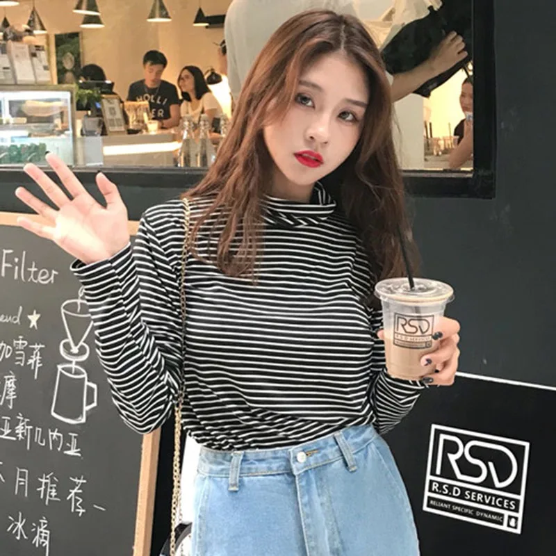 Женская эластичная рубашка в полоску базовый топ с длинными рукавами и высоким
