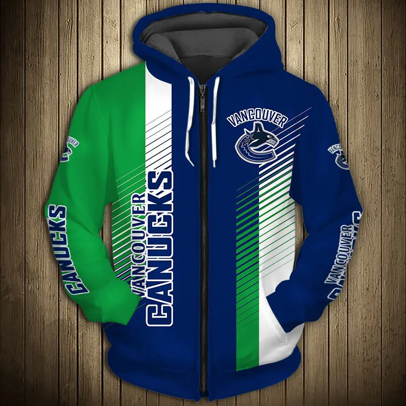 

Vancouver men's casual 3D zipper hoodie Green blue stitching graffiti dolphin print Canucks sweatshirt