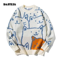 cute cartoon cat sweater for women o neck knitted mens autumn winter new loose fit couple pullovers lady knit coat
