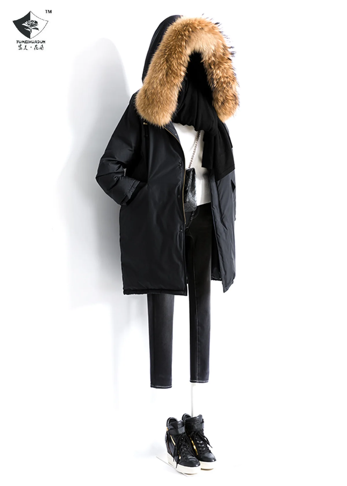 

women Down jacket large feather neck long down coat winter coat thick hood women's down jacket fox fur coat women down overcoat