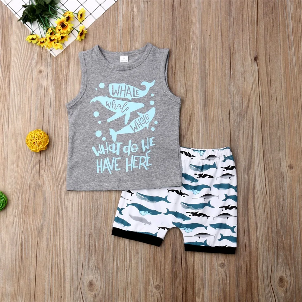 Toddler Kids Baby Boy Clothes Set Casual Summer Sleeveless Letter Gray Tops Tee T-shirts Shark Shorts 2Pcs Outfit Clothing | Детская
