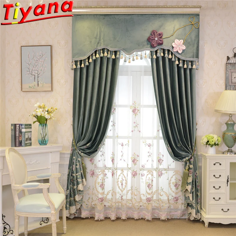 Розовый цветок вышитый тюль занавески для Гостиная Зеленые Плотные роскошь