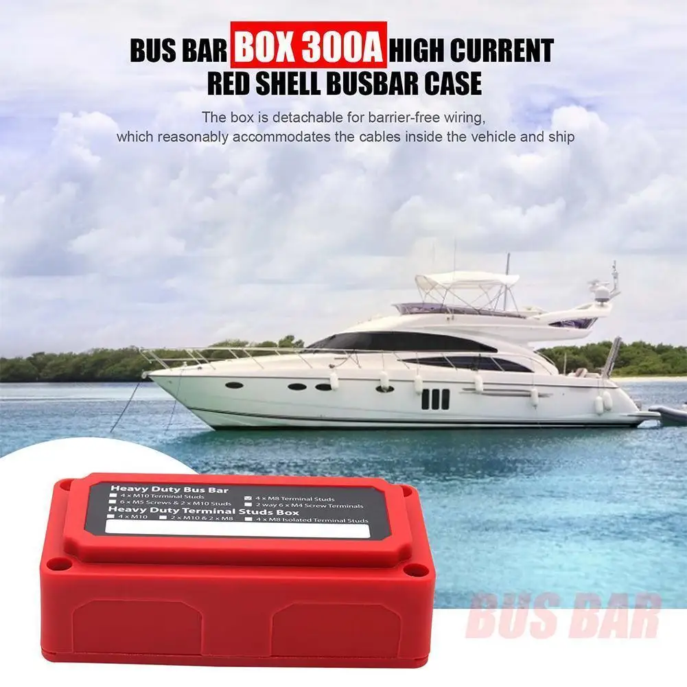 

DC 48v 300A 4 Terminal Studs Red Bus Bar Power Distribution Bus Organizer Block Box Design Cable Box Car Bar M8 Modular Stu E4O2